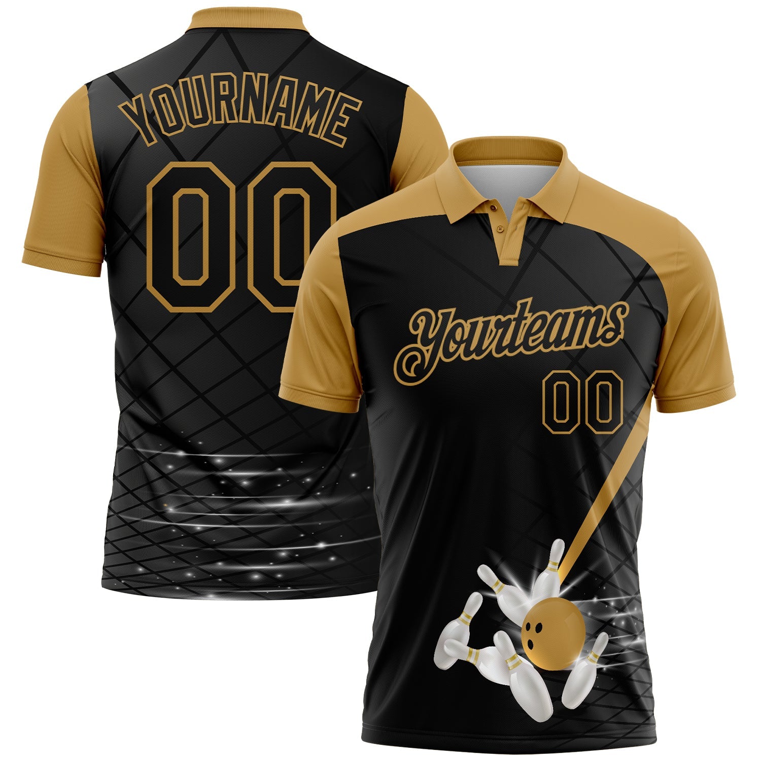 Custom Black-Old Gold Bowling Geometric Grid Performance Polo Shirt - Main View