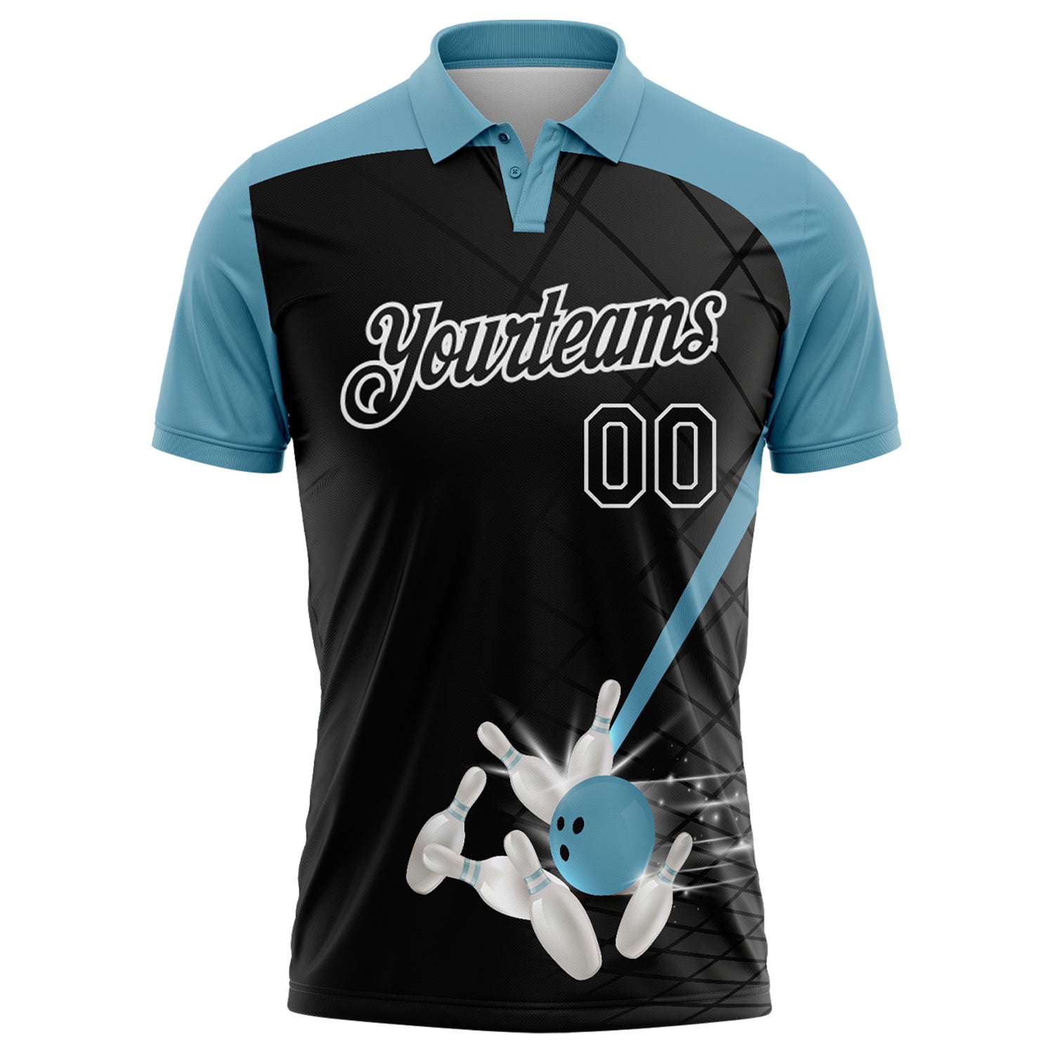 Custom Black Shadow Blue-White Bowling Geometric Grid Performance Polo Shirt view 2