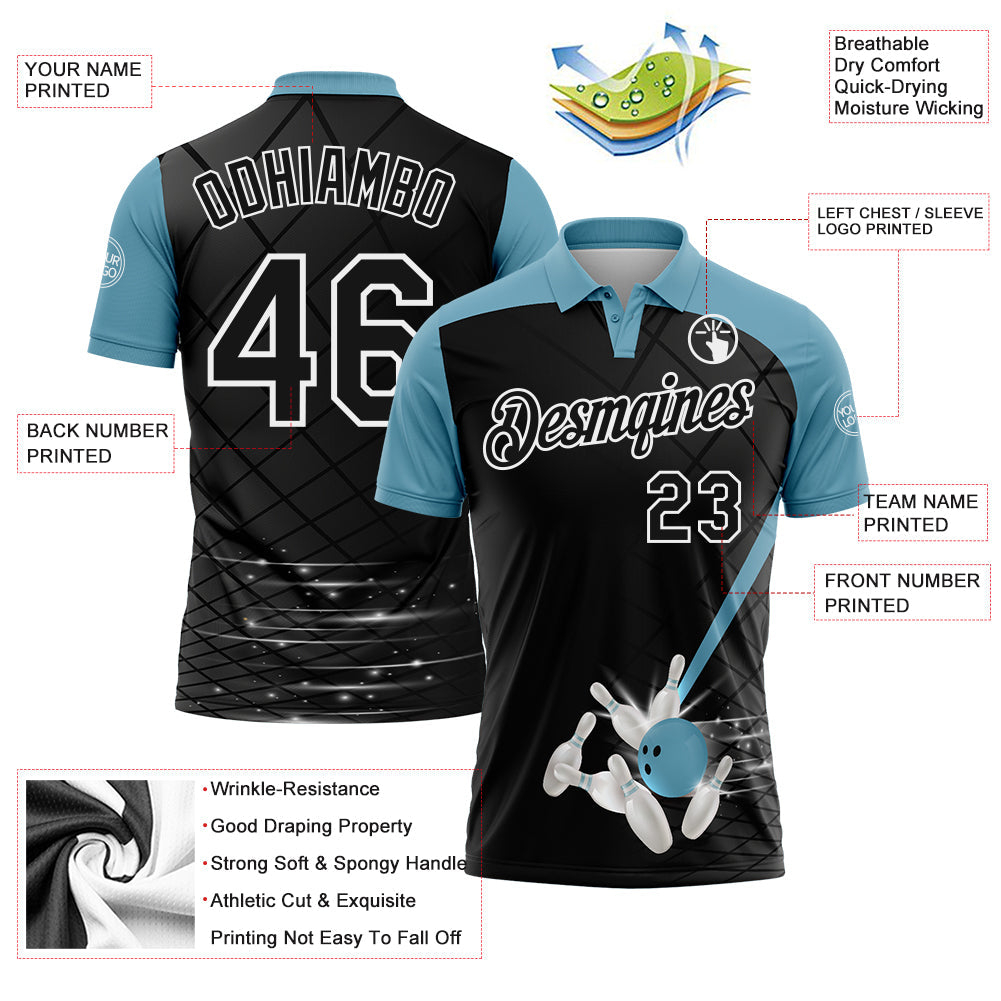 Custom Black Shadow Blue-White Bowling Geometric Grid Performance Polo Shirt view 3