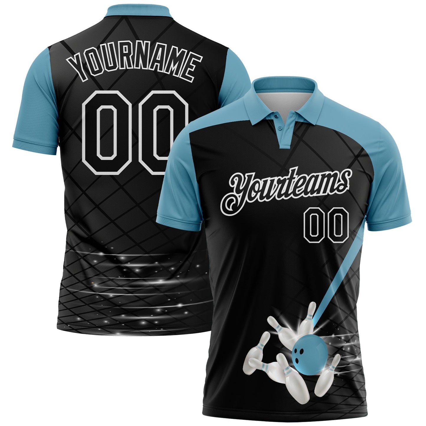 Custom Black Shadow Blue-White Bowling Geometric Grid Performance Polo Shirt - Main View