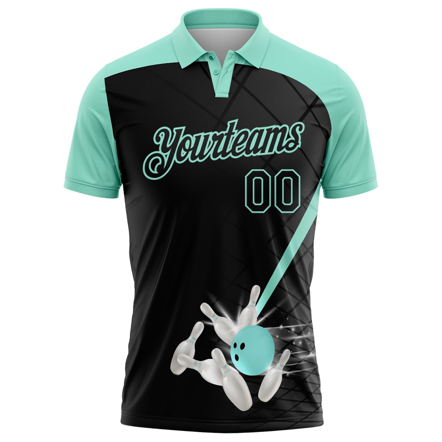 Custom Black-Ice Blue Bowling Geometric Grid Performance Polo Shirt view 2