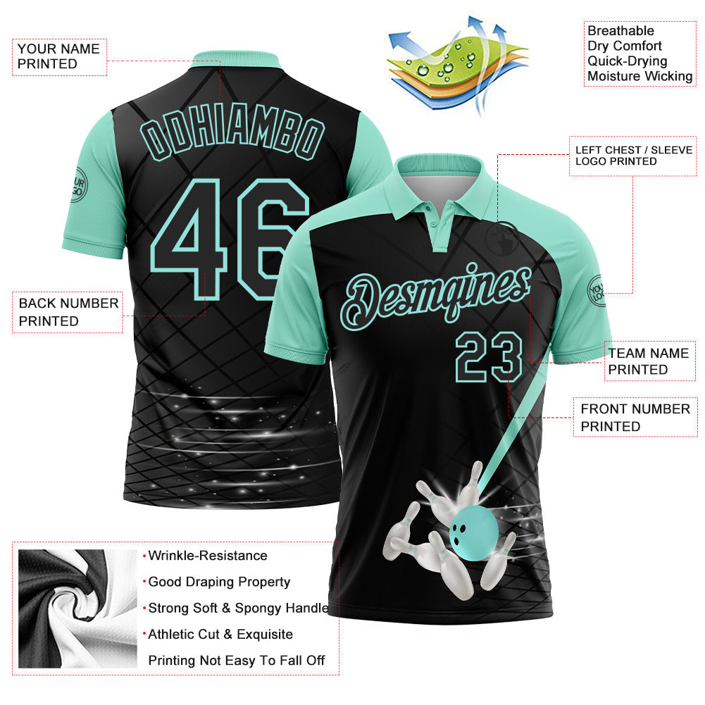 Custom Black-Ice Blue Bowling Geometric Grid Performance Polo Shirt view 3
