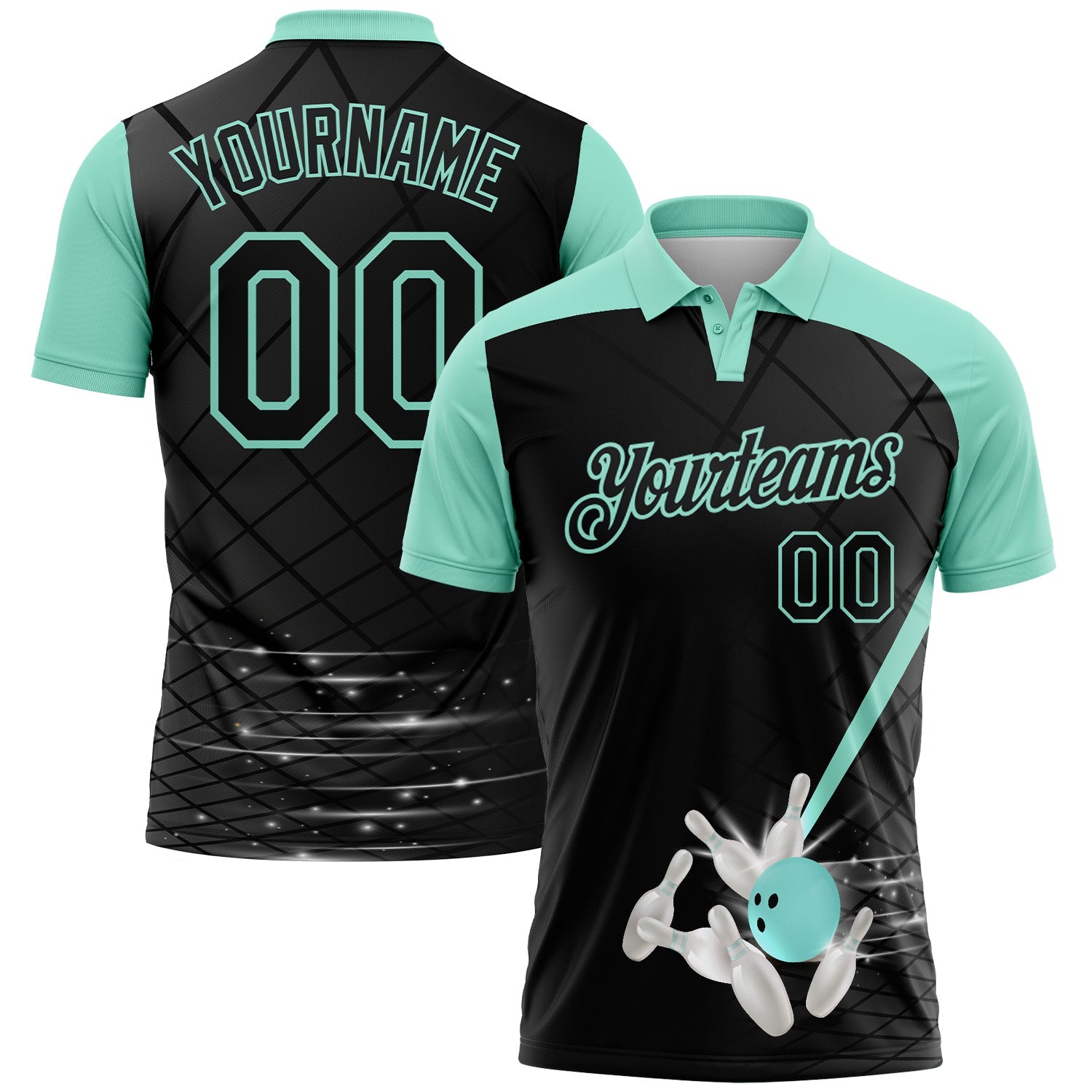 Custom Black-Ice Blue Bowling Geometric Grid Performance Polo Shirt - Main View