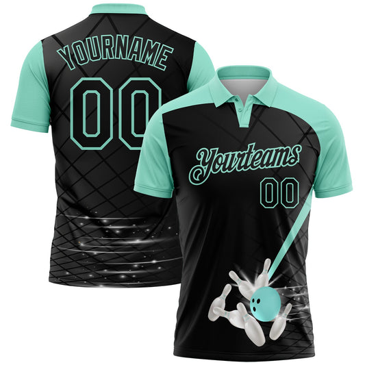 Custom Black-Ice Blue Bowling Geometric Grid Performance Polo Shirt - Main View