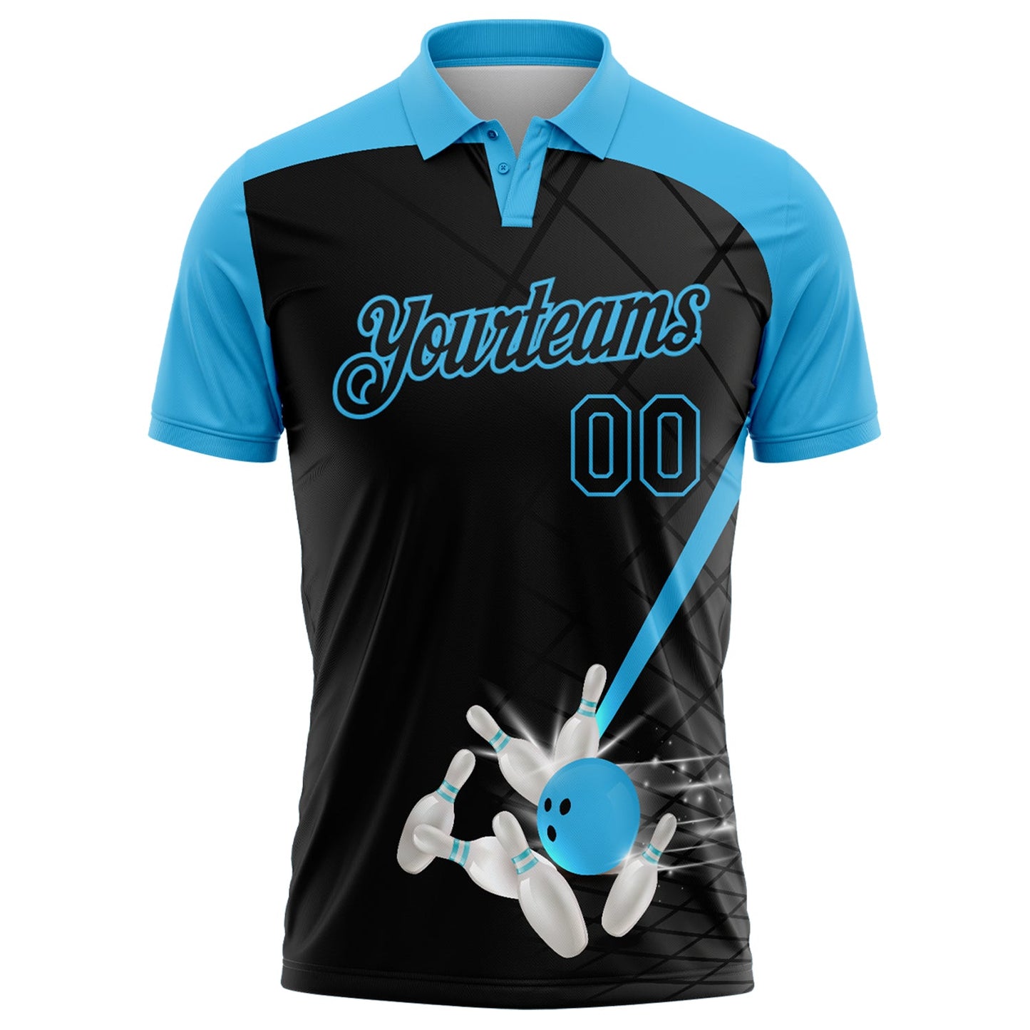 Custom Black-Sky Blue Bowling Geometric Grid Performance Polo Shirt view 2