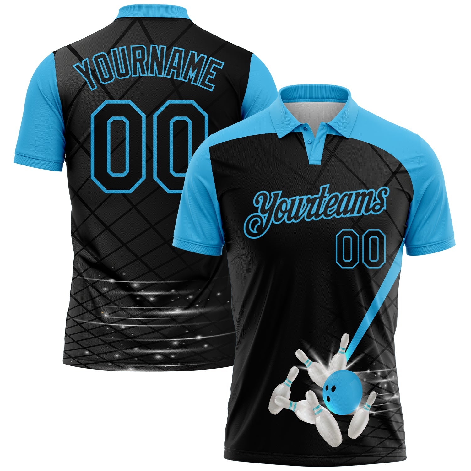Custom Black-Sky Blue Bowling Geometric Grid Performance Polo Shirt - Main View