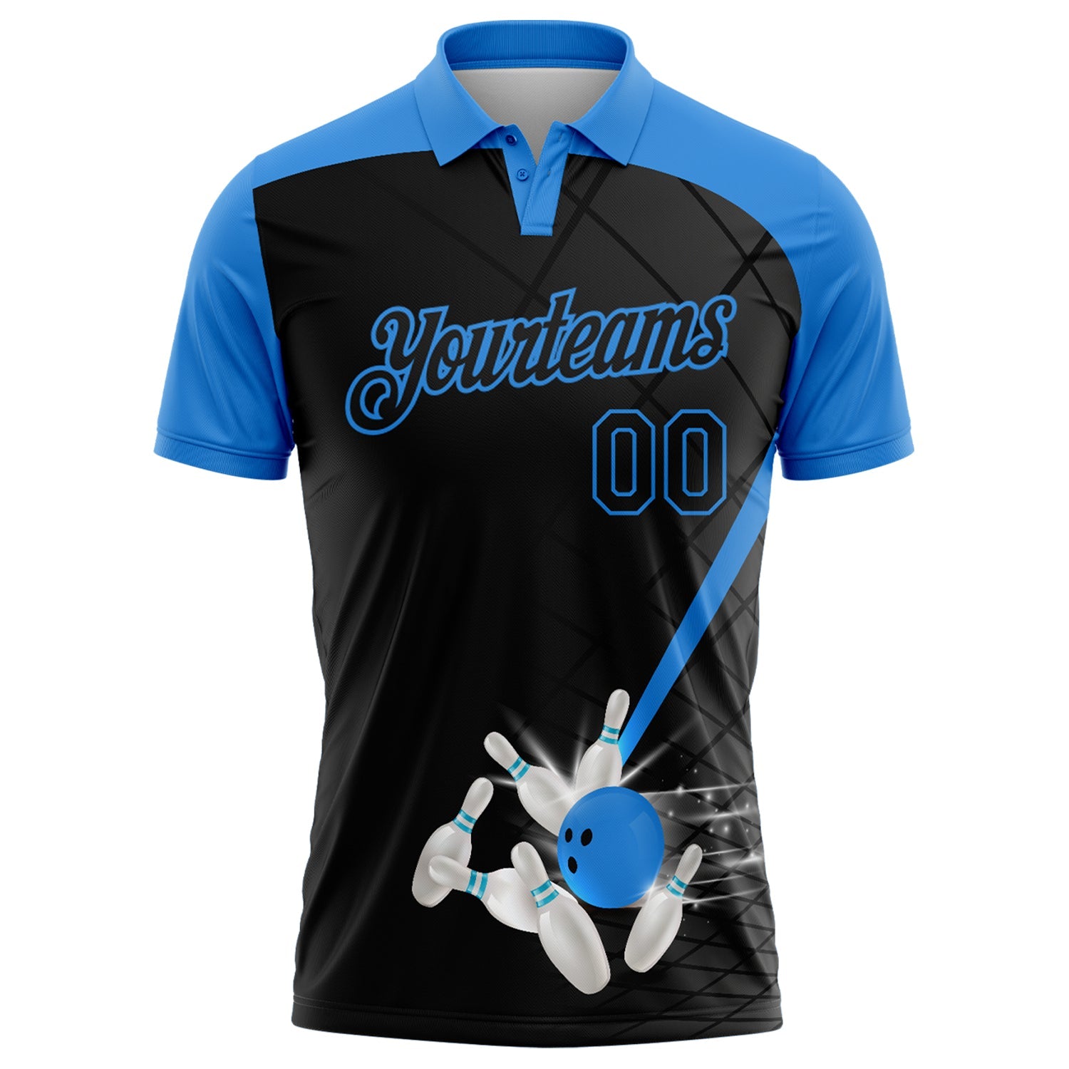 Custom Black-Powder Blue Bowling Geometric Grid Performance Polo Shirt view 2