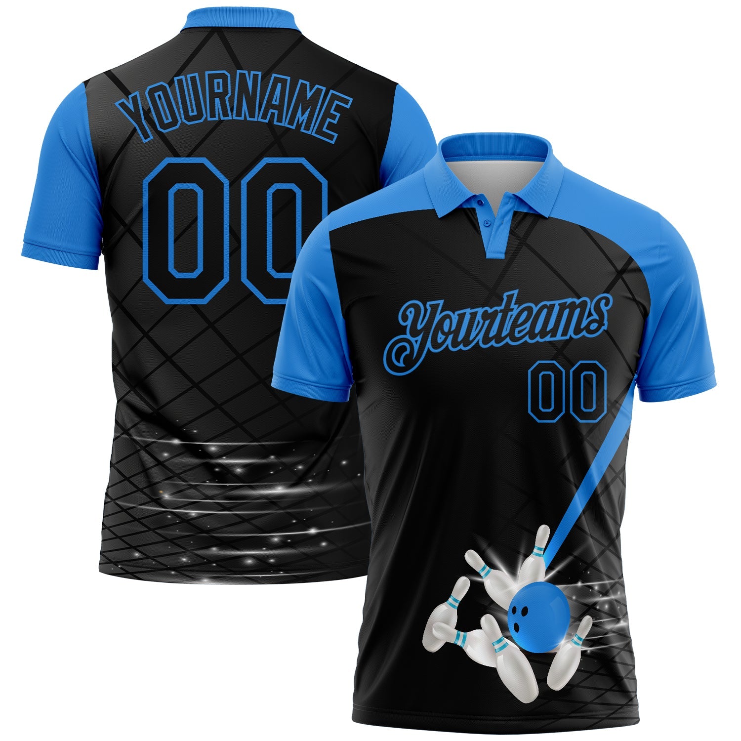 Custom Black-Powder Blue Bowling Geometric Grid Performance Polo Shirt - Main View