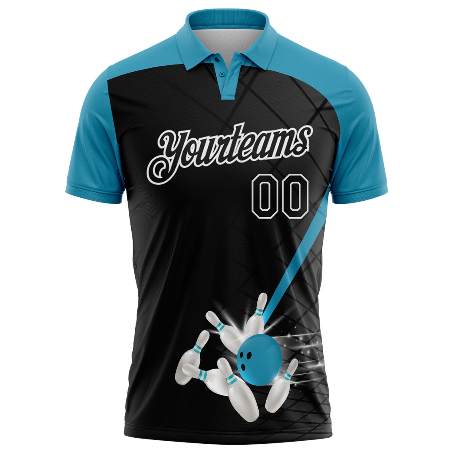 Custom Black Panther Blue-White Bowling Geometric Grid Performance Polo Shirt view 2