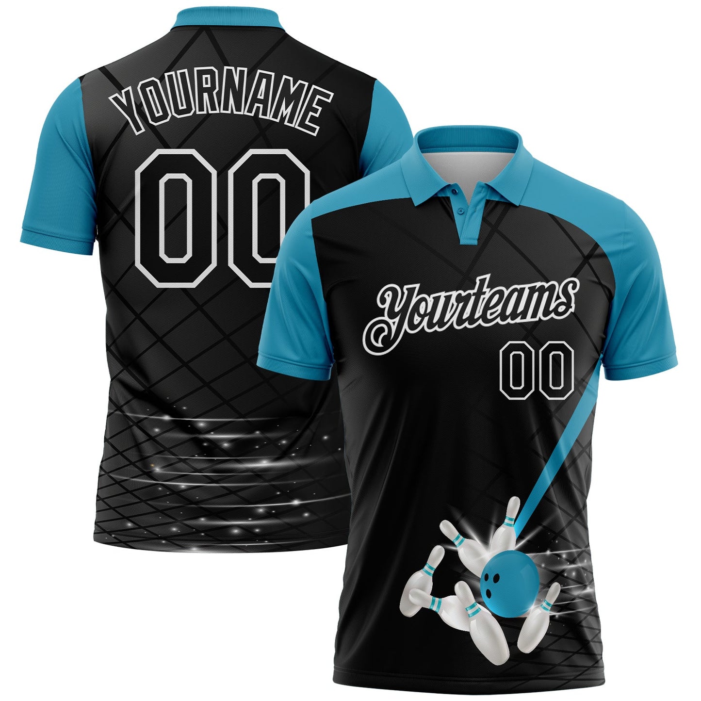 Custom Black Panther Blue-White Bowling Geometric Grid Performance Polo Shirt - Main View