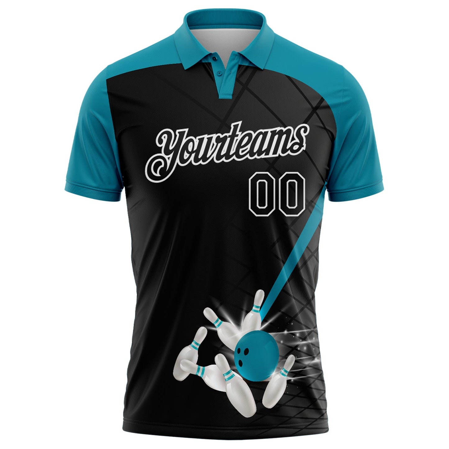 Custom Black Teal-White Bowling Geometric Grid Performance Polo Shirt view 2