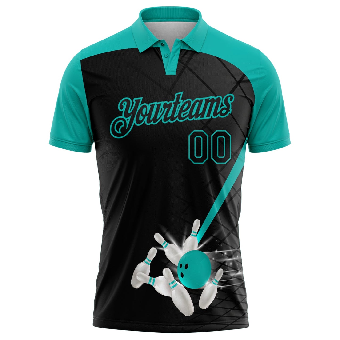 Custom Black-Aqua Bowling Geometric Grid Performance Polo Shirt view 2