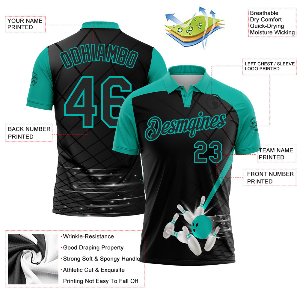 Custom Black-Aqua Bowling Geometric Grid Performance Polo Shirt view 3