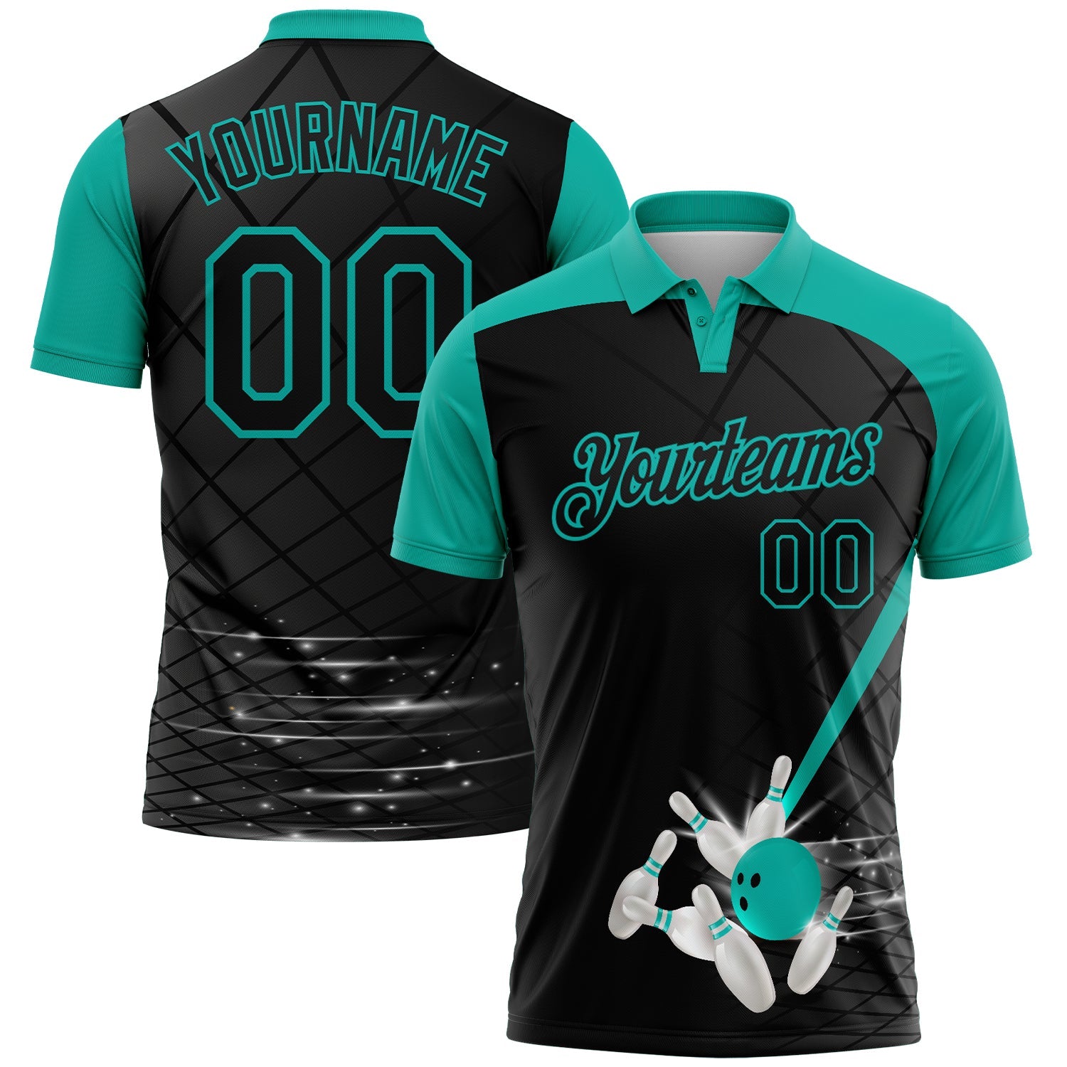 Custom Black-Aqua Bowling Geometric Grid Performance Polo Shirt - Main View