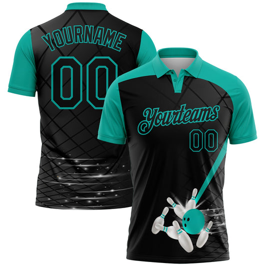 Custom Black-Aqua Bowling Geometric Grid Performance Polo Shirt - Main View