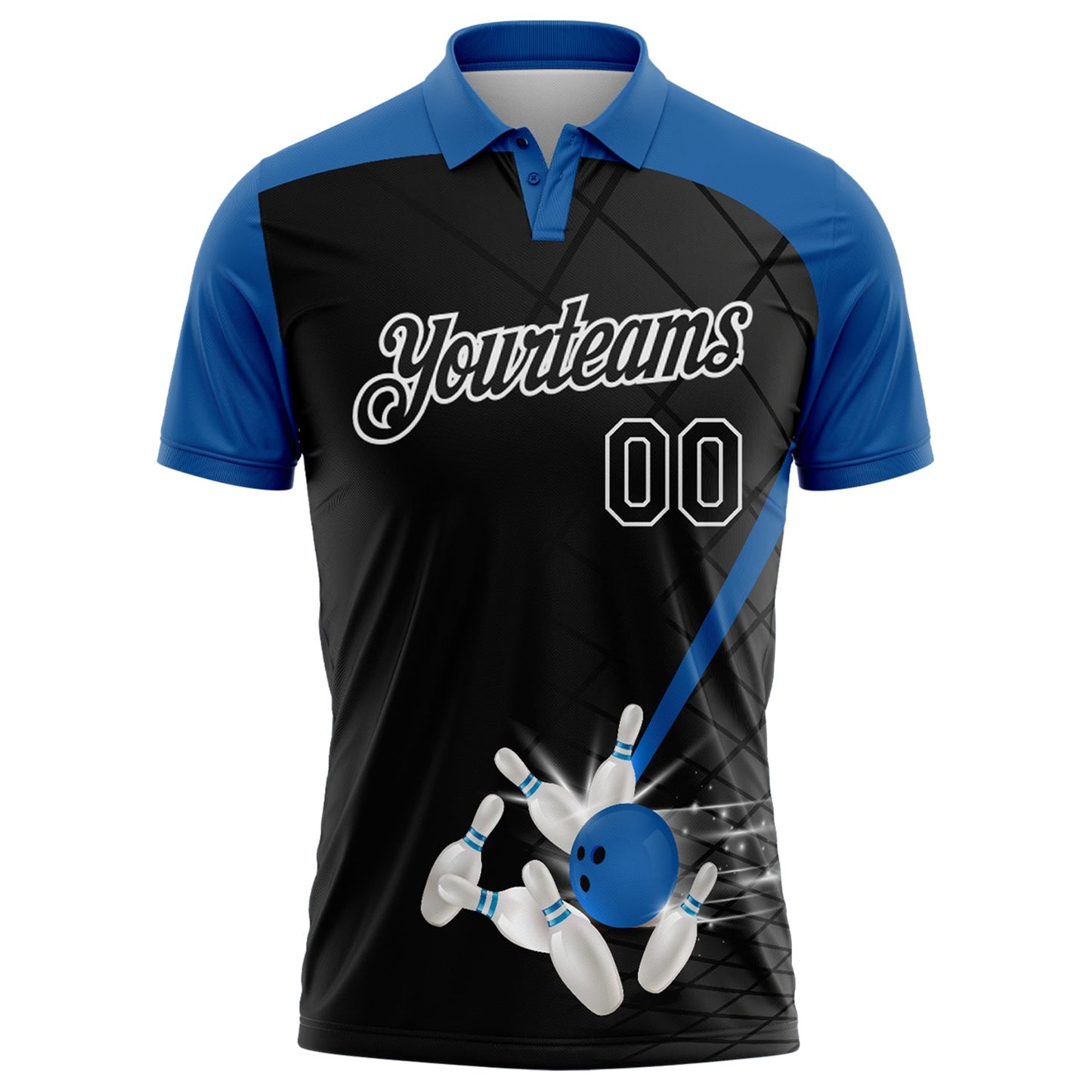 Custom Black Thunder Blue-White Bowling Geometric Grid Performance Polo Shirt view 2