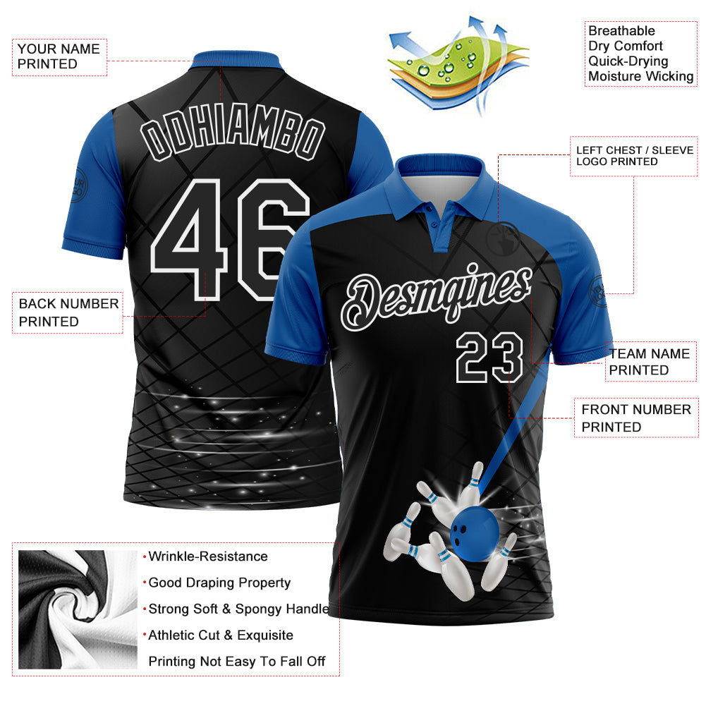 Custom Black Thunder Blue-White Bowling Geometric Grid Performance Polo Shirt view 3