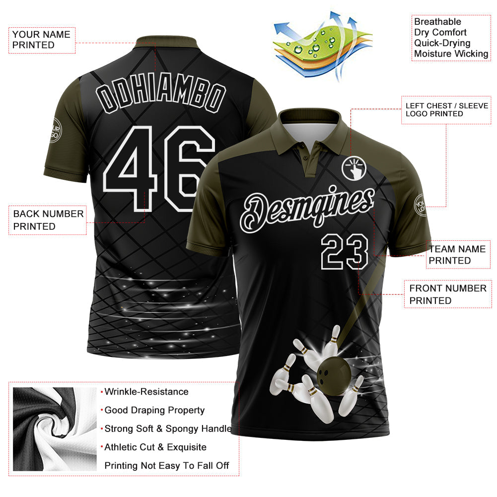 Custom Black Olive-White Bowling Geometric Grid Performance Polo Shirt view 3