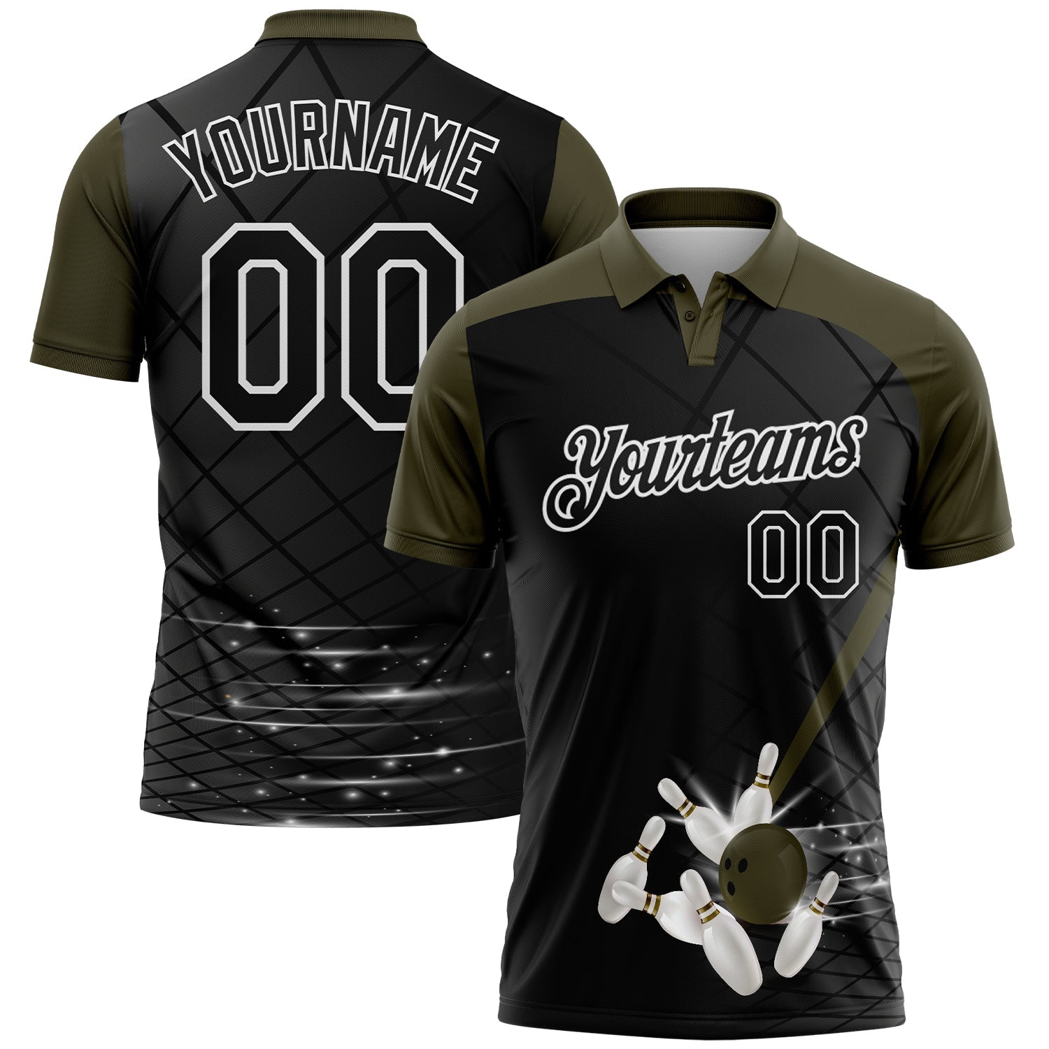 Custom Black Olive-White Bowling Geometric Grid Performance Polo Shirt - Main View