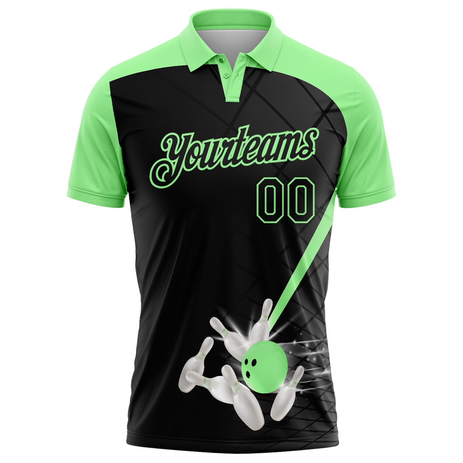 Custom Black-Pea Green Bowling Geometric Grid Performance Polo Shirt view 2