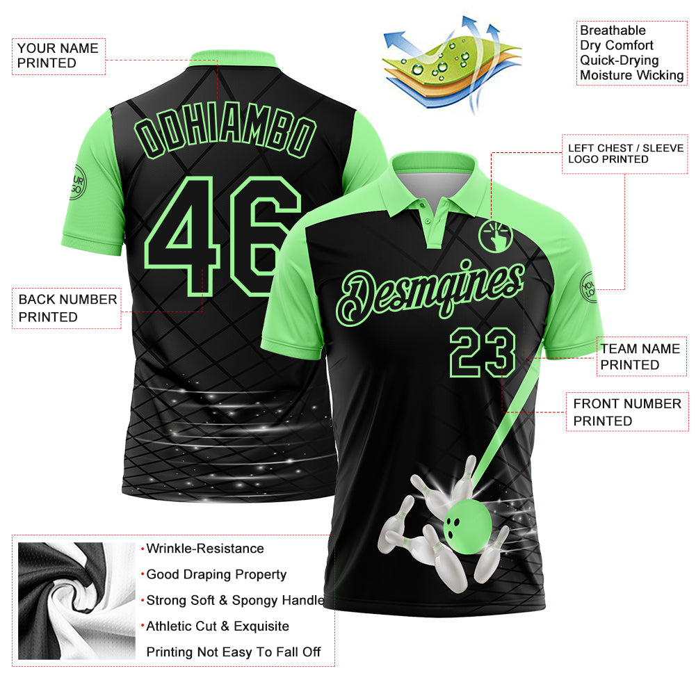 Custom Black-Pea Green Bowling Geometric Grid Performance Polo Shirt view 3
