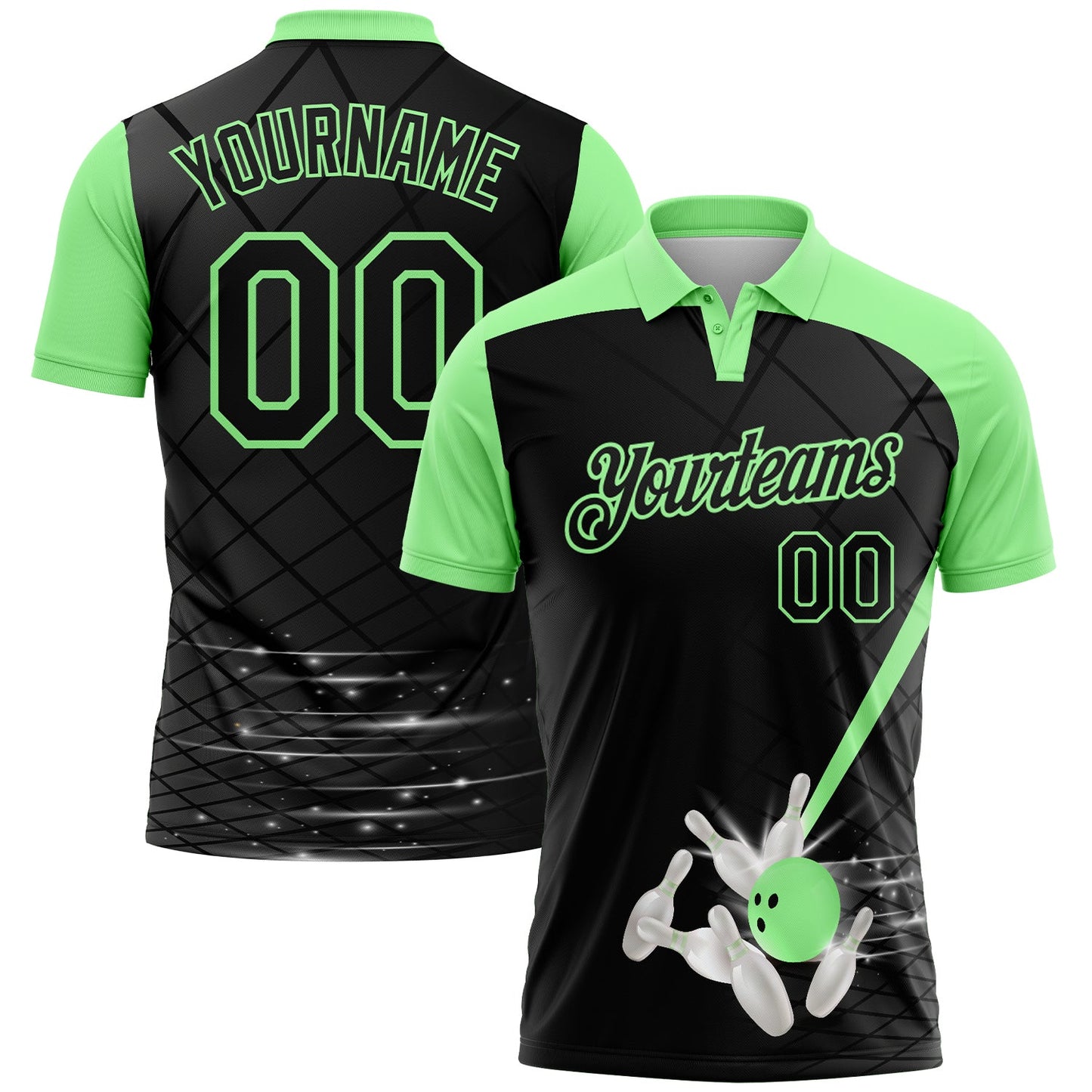 Custom Black-Pea Green Bowling Geometric Grid Performance Polo Shirt - Main View