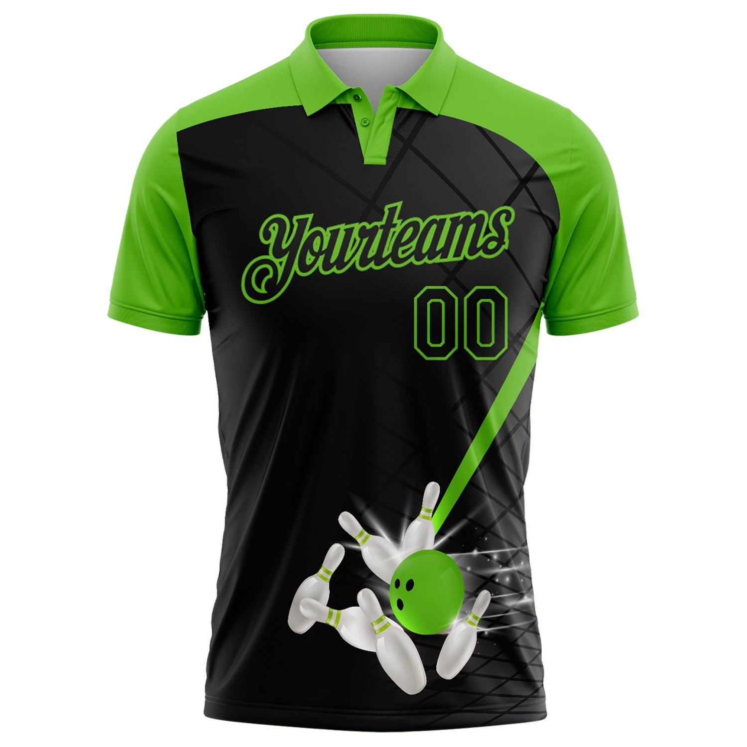 Custom Black-Aurora Green Bowling Geometric Grid Performance Polo Shirt view 2