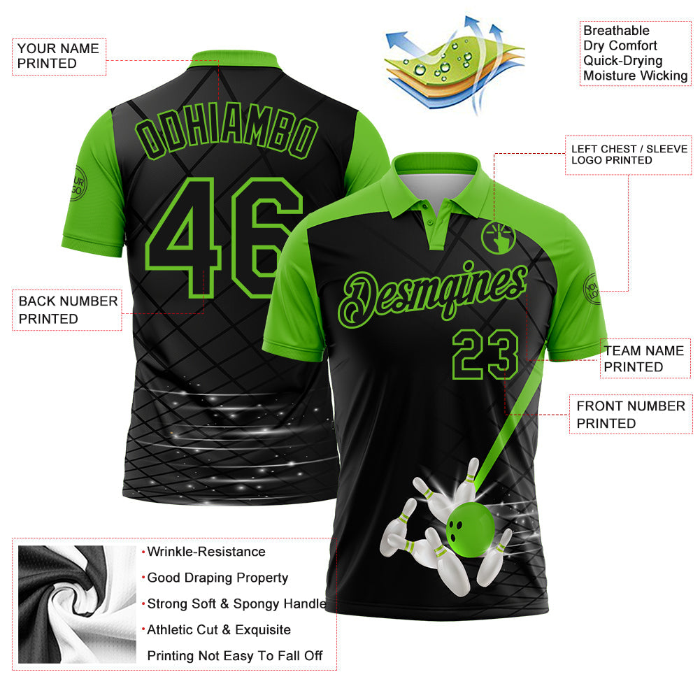 Custom Black-Aurora Green Bowling Geometric Grid Performance Polo Shirt view 3