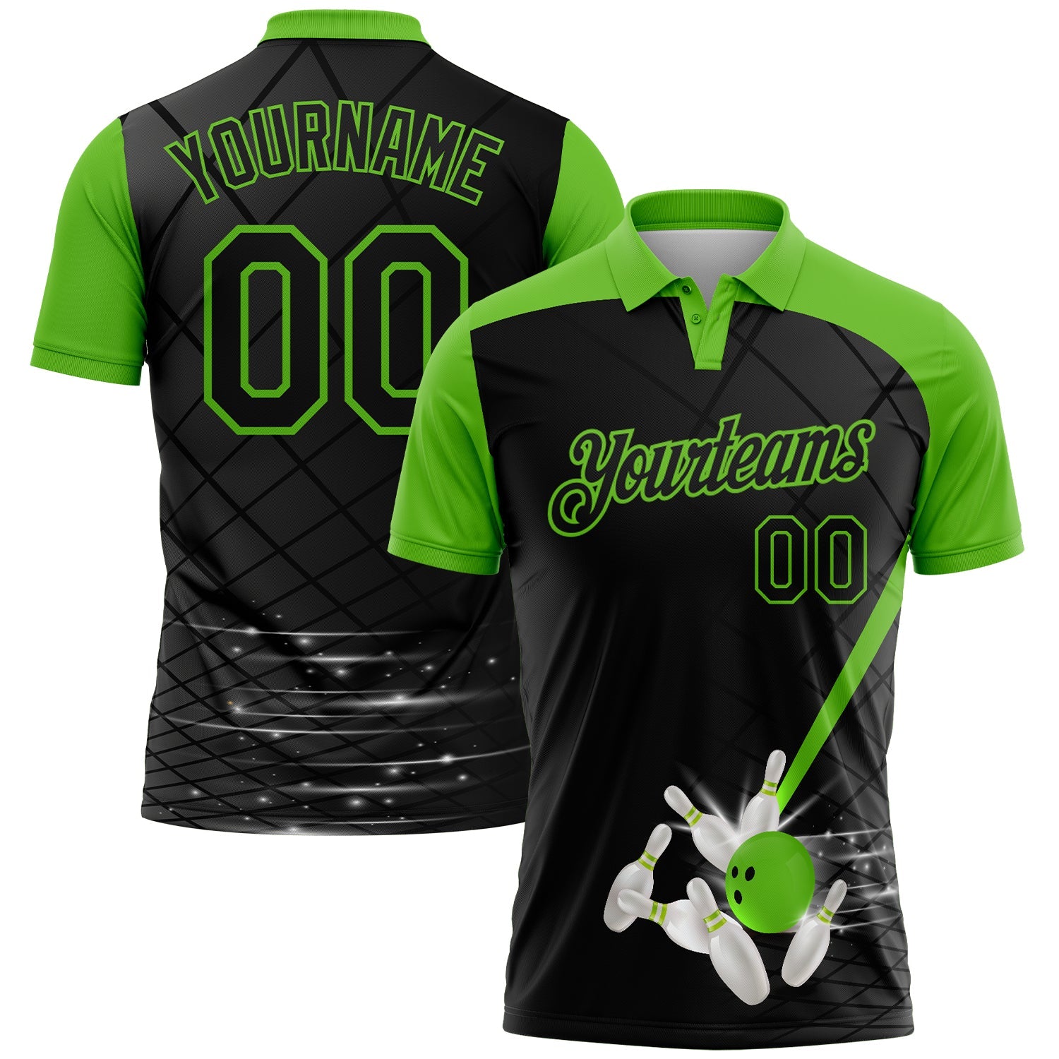 Custom Black-Aurora Green Bowling Geometric Grid Performance Polo Shirt - Main View