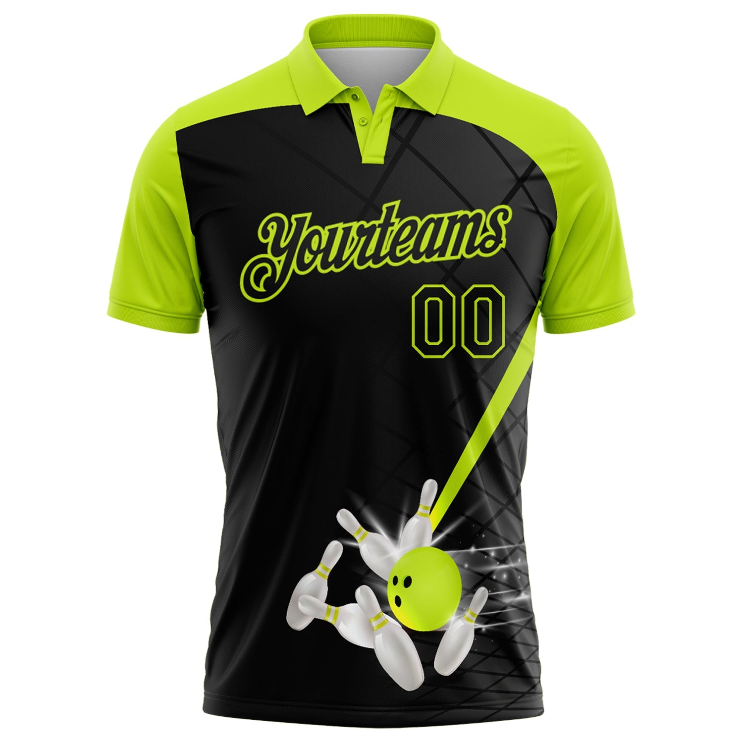 Custom Black-Neon Green Bowling Geometric Grid Performance Polo Shirt view 2