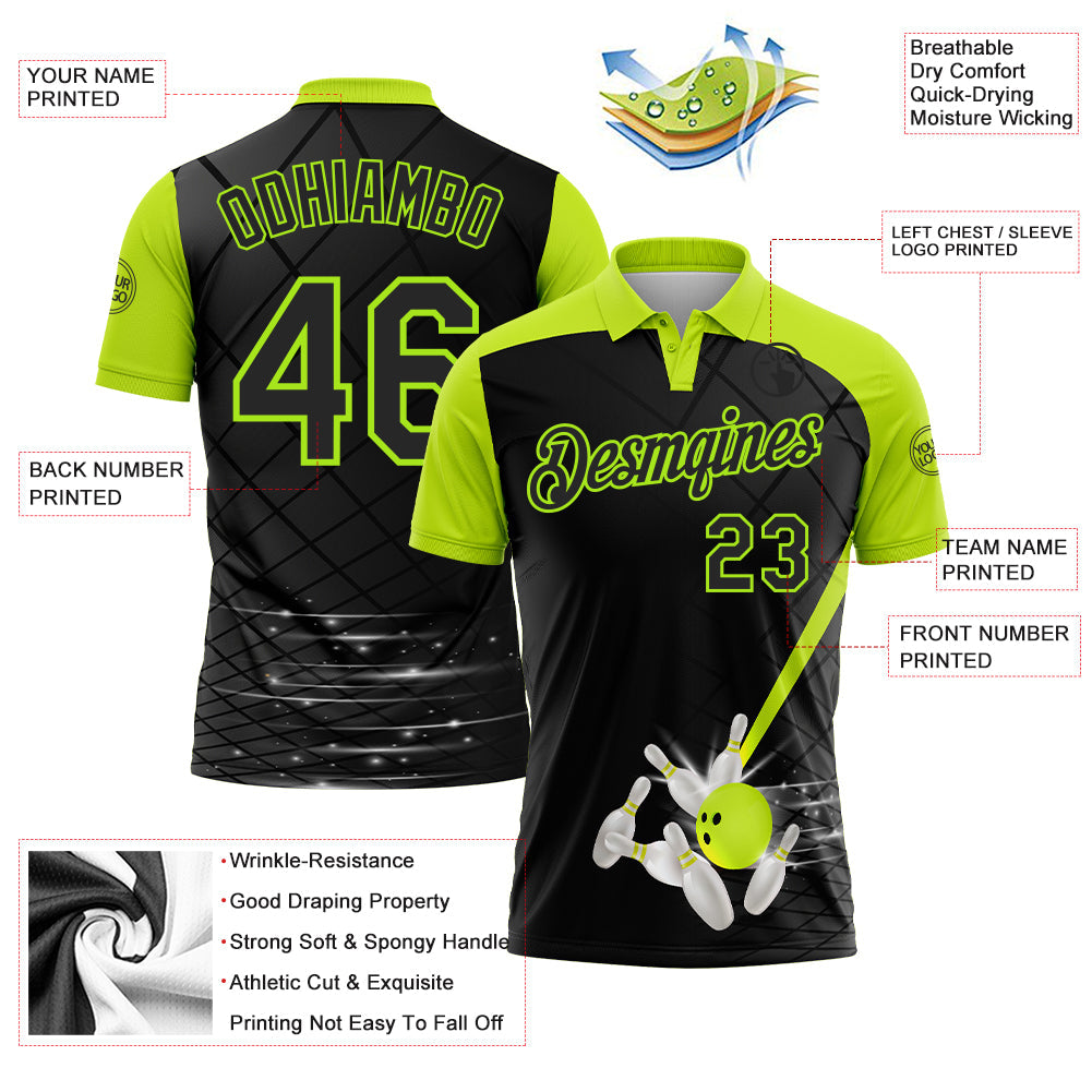 Custom Black-Neon Green Bowling Geometric Grid Performance Polo Shirt view 3