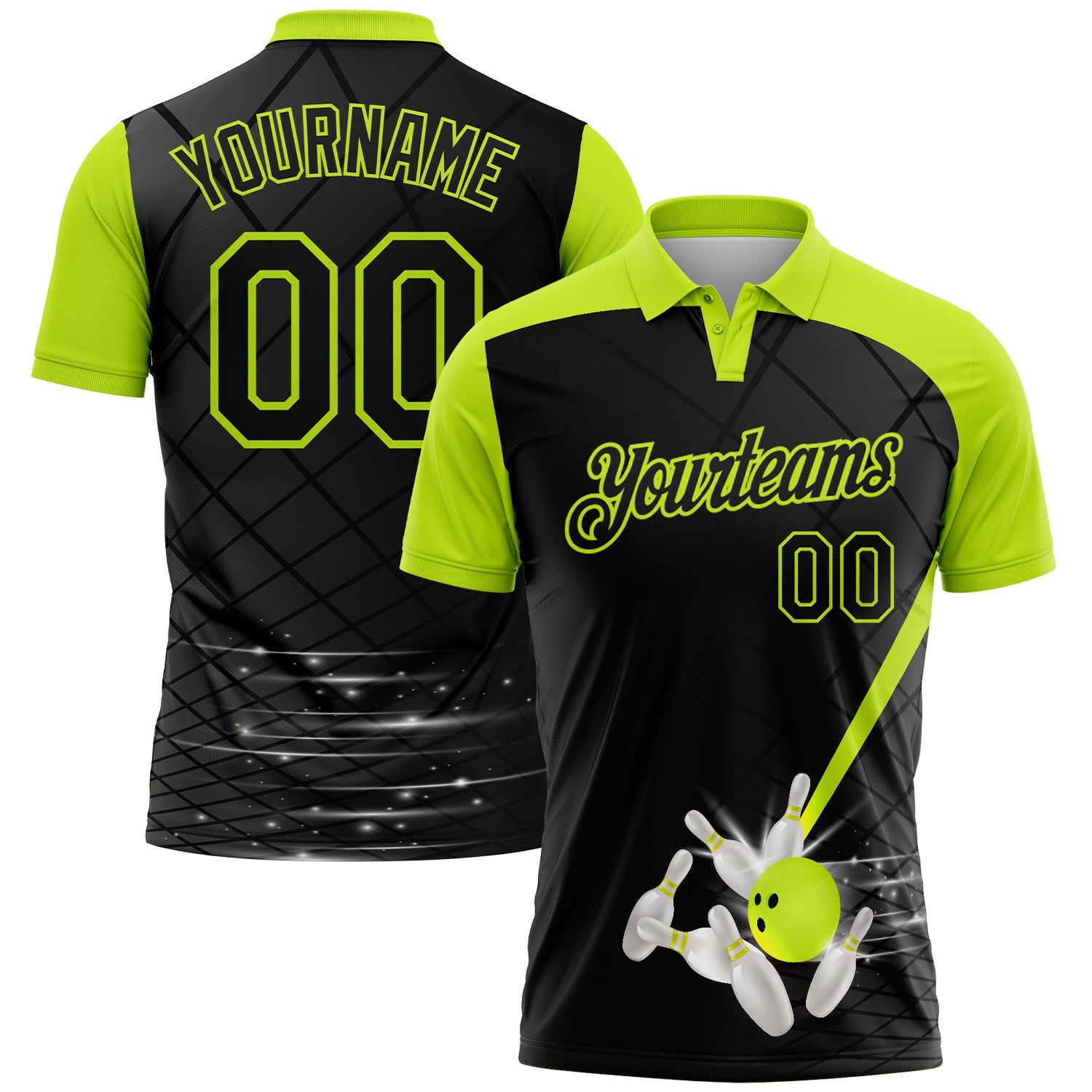 Custom Black-Neon Green Bowling Geometric Grid Performance Polo Shirt - Main View