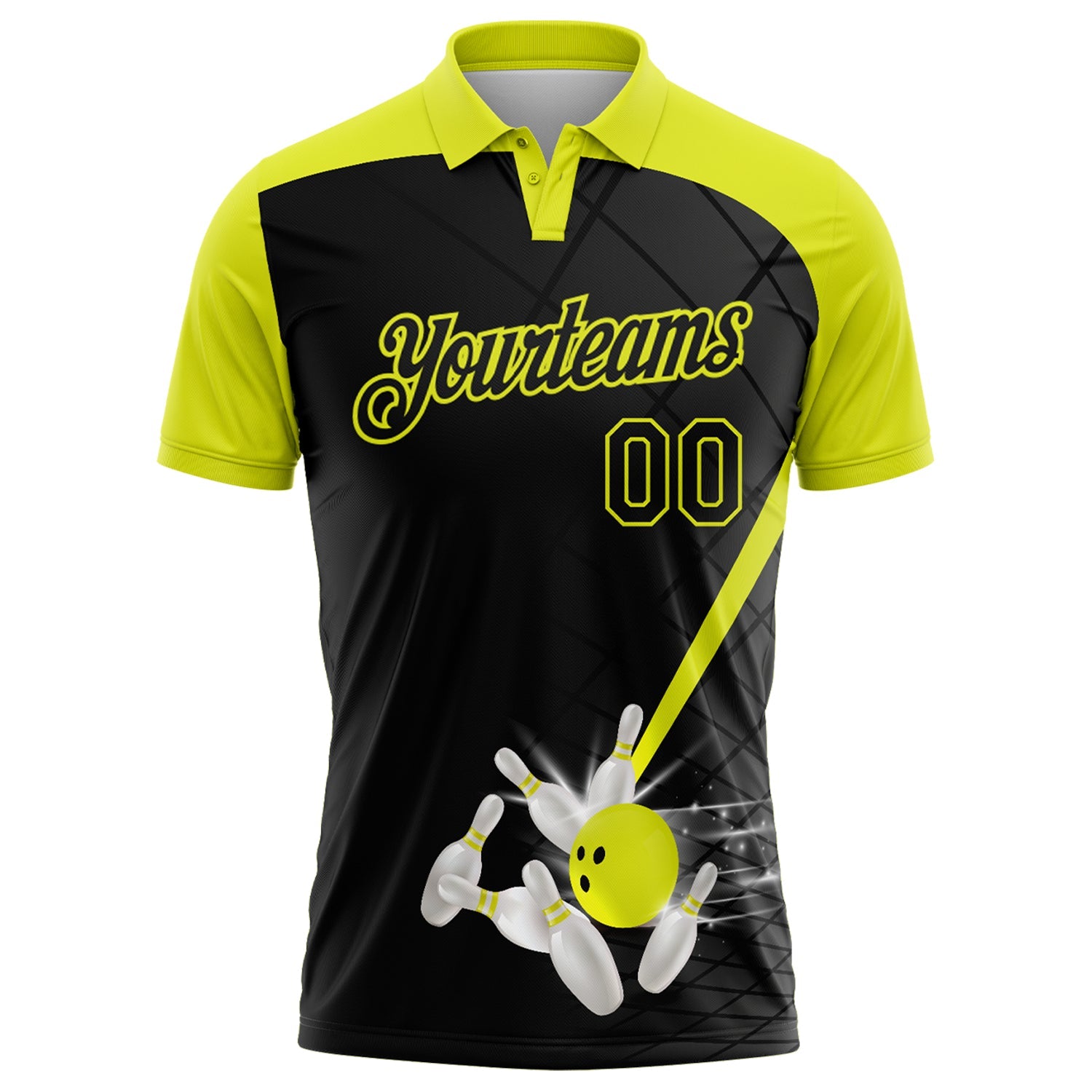 Custom Black-Neon Yellow Bowling Geometric Grid Performance Polo Shirt view 2