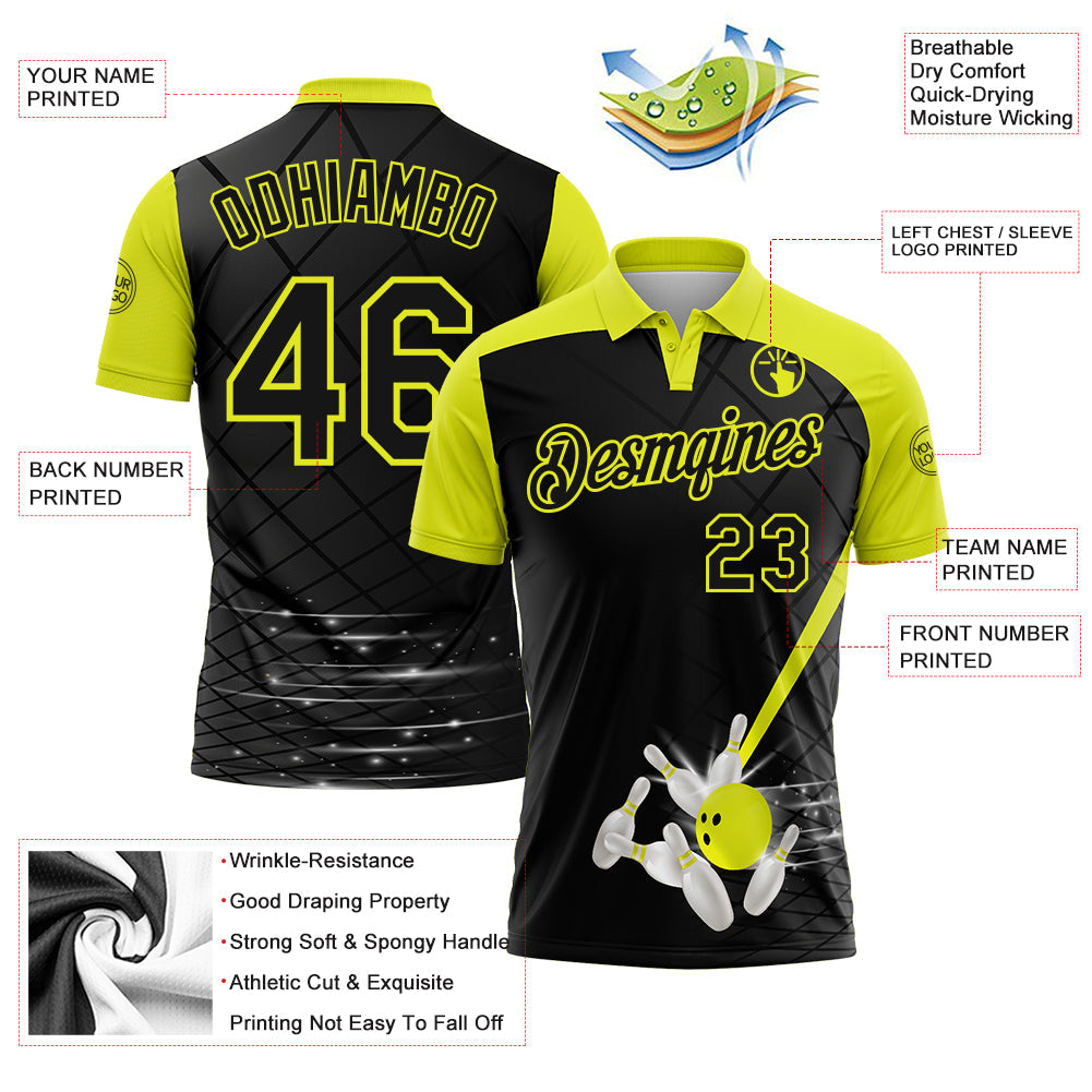 Custom Black-Neon Yellow Bowling Geometric Grid Performance Polo Shirt view 3