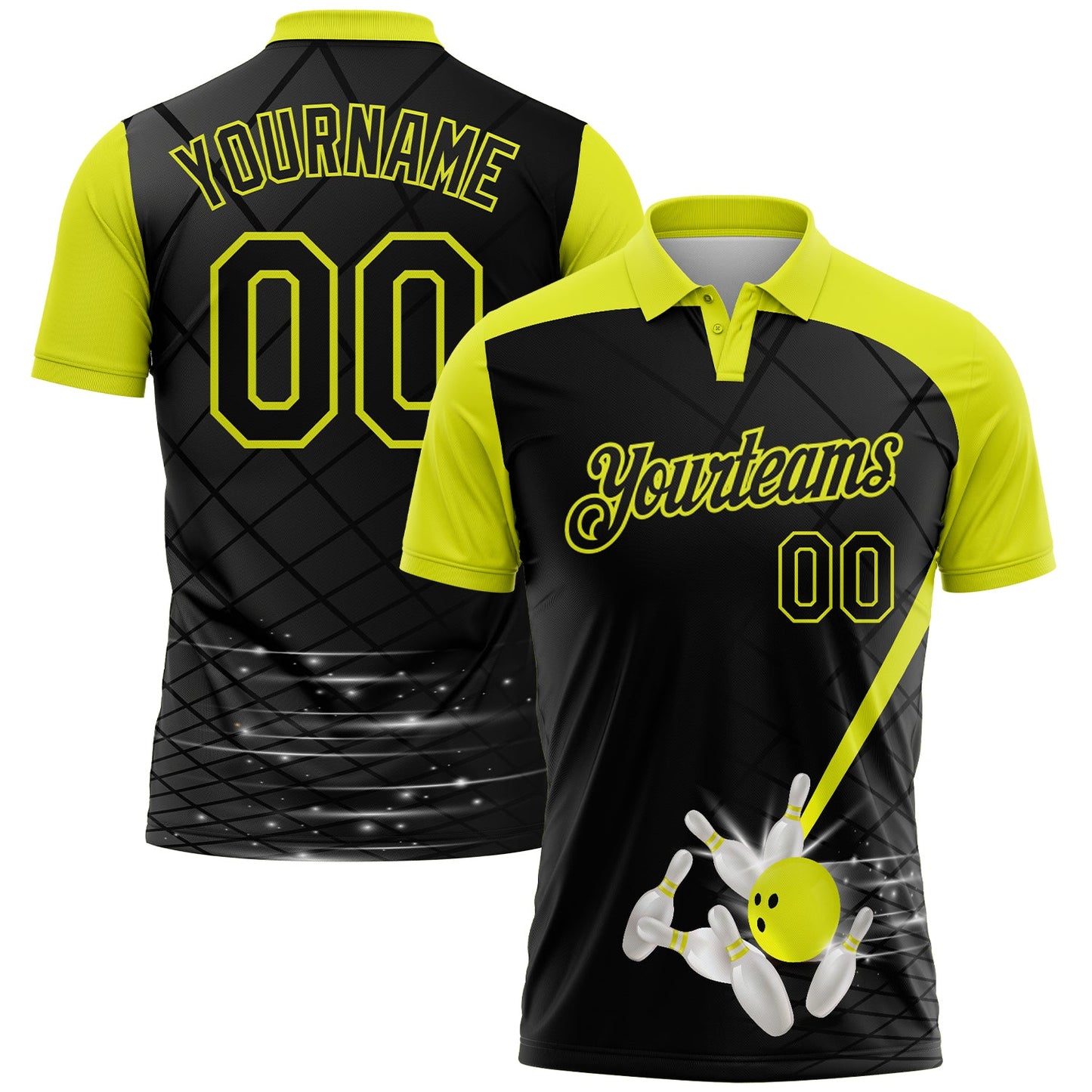 Custom Black-Neon Yellow Bowling Geometric Grid Performance Polo Shirt - Main View