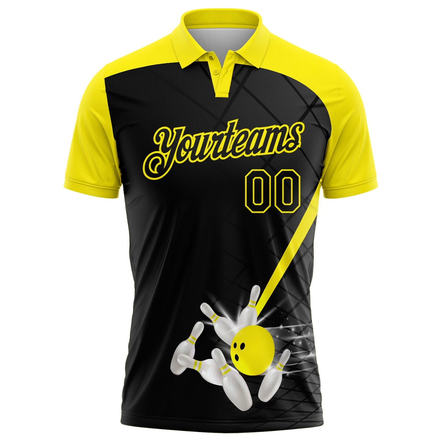 Custom Black-Light Yellow Bowling Geometric Grid Performance Polo Shirt view 2