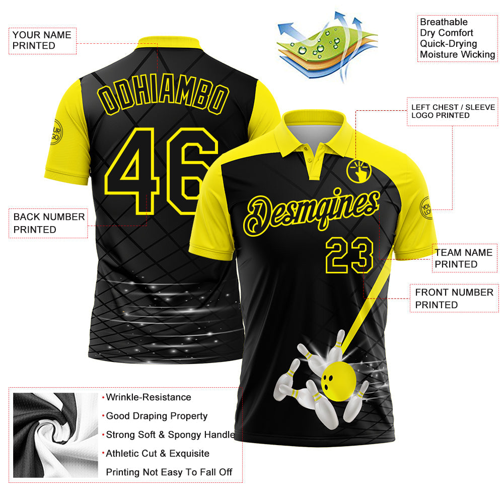 Custom Black-Light Yellow Bowling Geometric Grid Performance Polo Shirt view 3