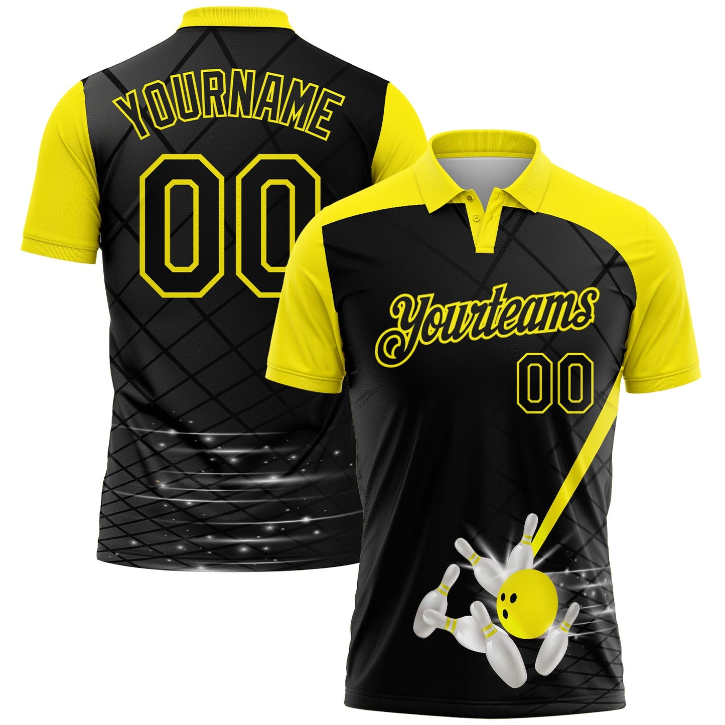 Custom Black-Light Yellow Bowling Geometric Grid Performance Polo Shirt - Main View