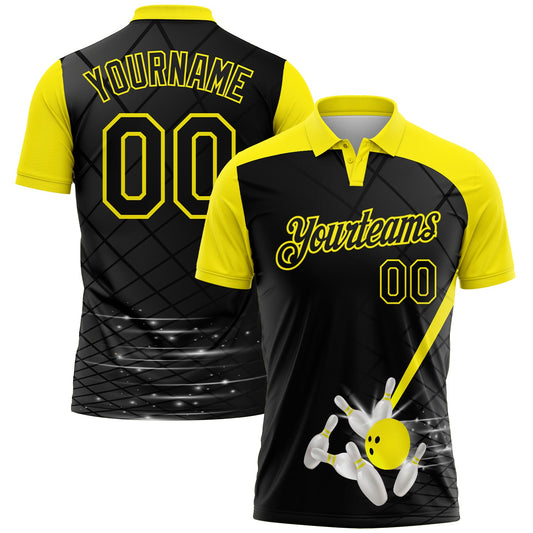 Custom Black-Light Yellow Bowling Geometric Grid Performance Polo Shirt - Main View