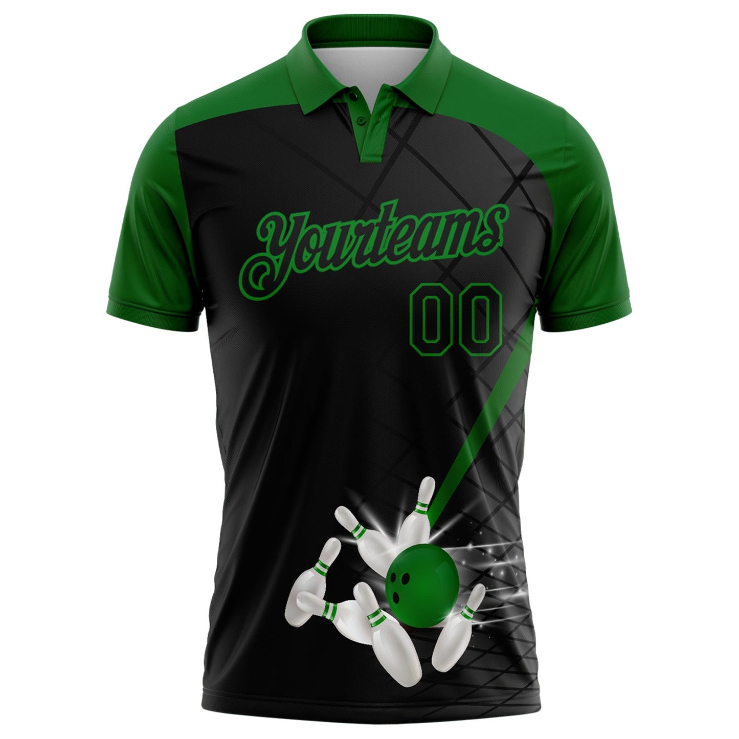 Custom Black-Grass Green Bowling Geometric Grid Performance Polo Shirt view 2