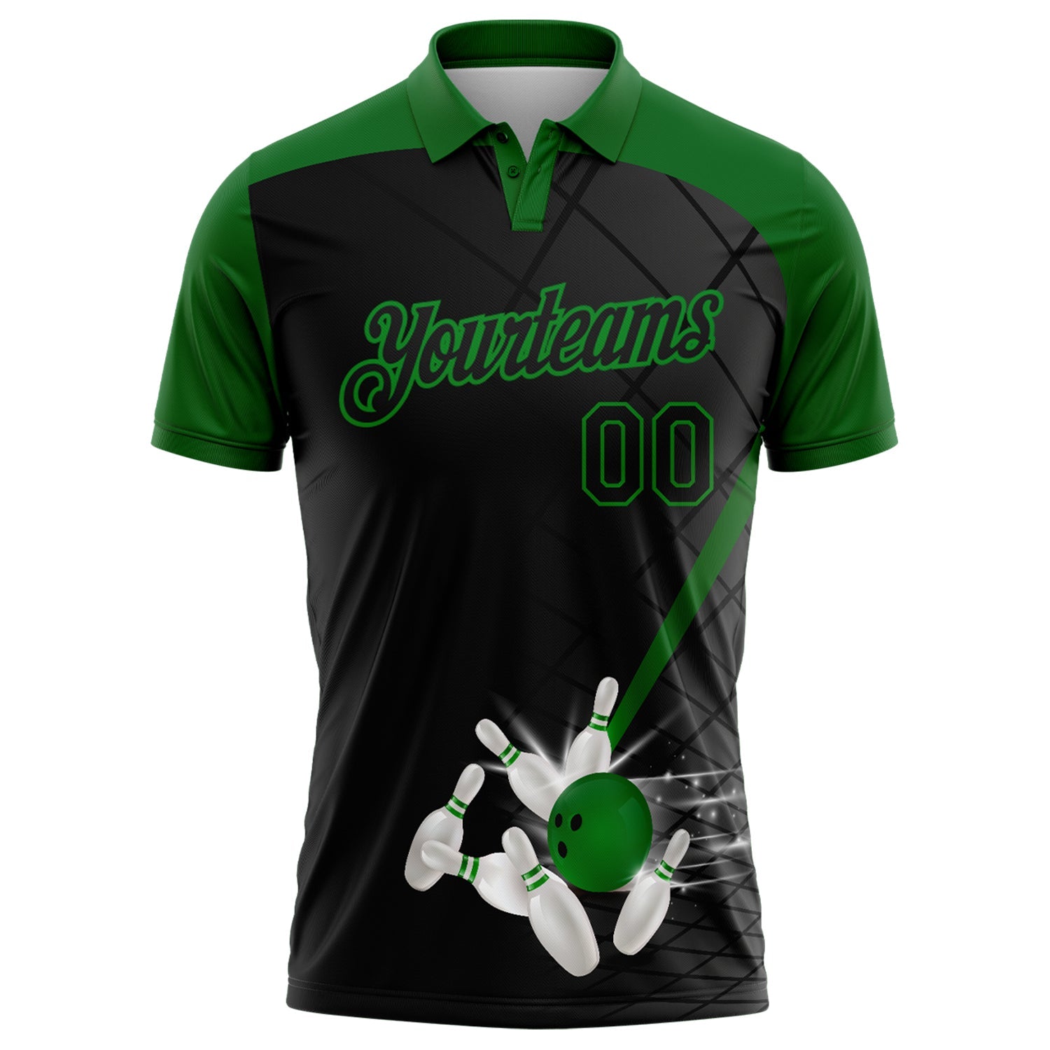 Custom Black-Grass Green Bowling Geometric Grid Performance Polo Shirt view 2