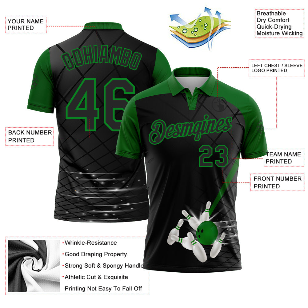 Custom Black-Grass Green Bowling Geometric Grid Performance Polo Shirt view 3