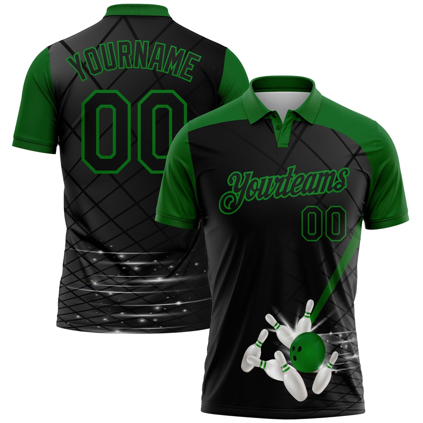 Custom Black-Grass Green Bowling Geometric Grid Performance Polo Shirt - Main View