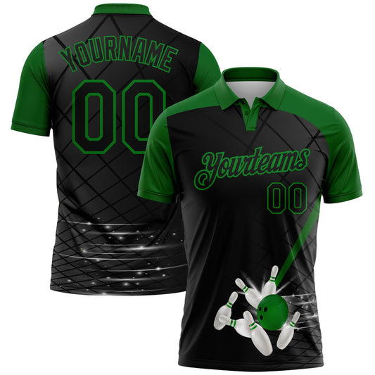 Custom Black-Grass Green Bowling Geometric Grid Performance Polo Shirt - Main View