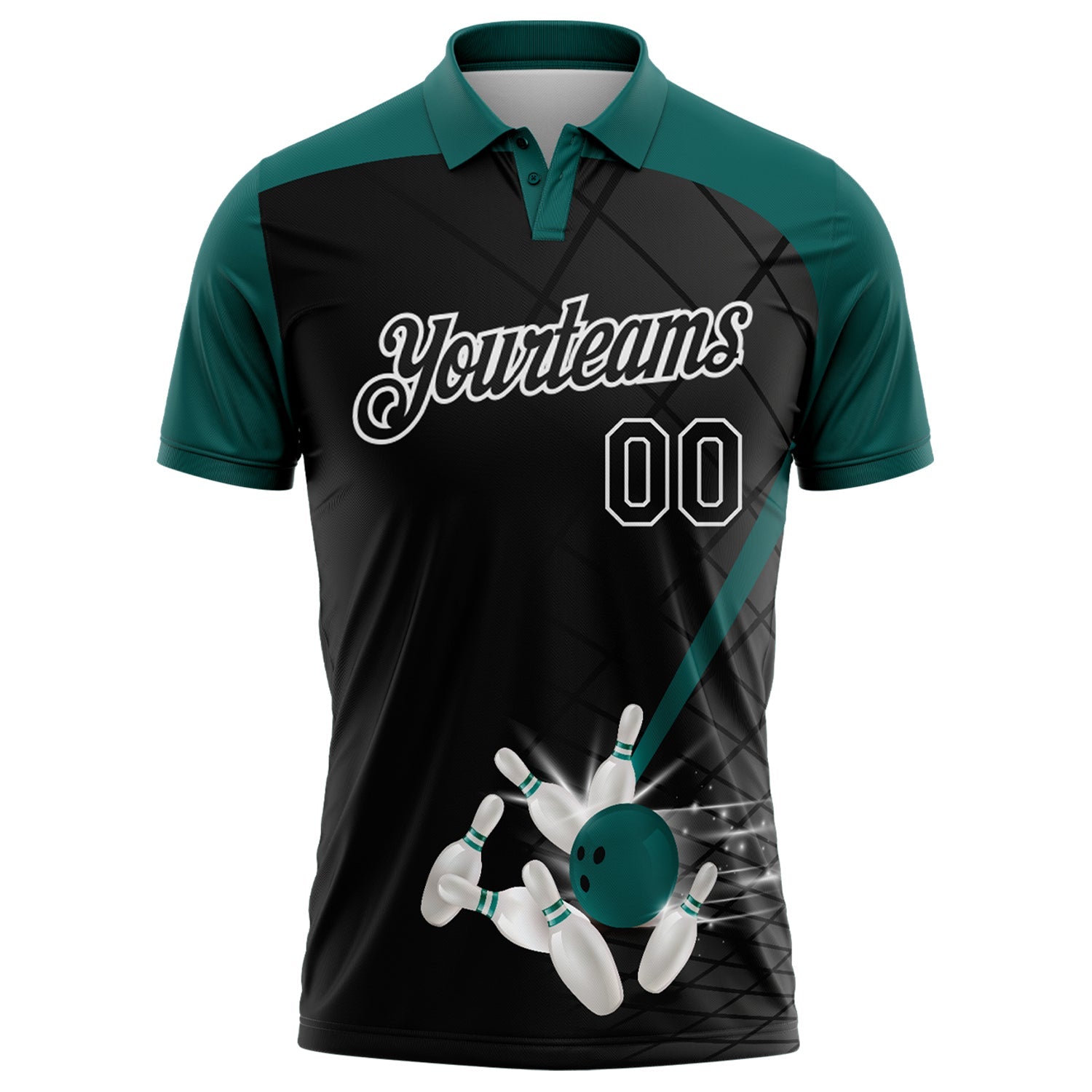 Custom Black Midnight Green-White Bowling Geometric Grid Performance Polo Shirt view 2