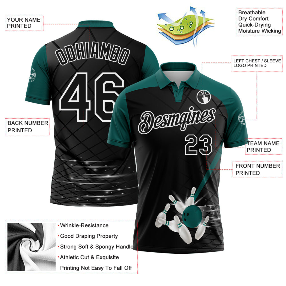 Custom Black Midnight Green-White Bowling Geometric Grid Performance Polo Shirt view 3
