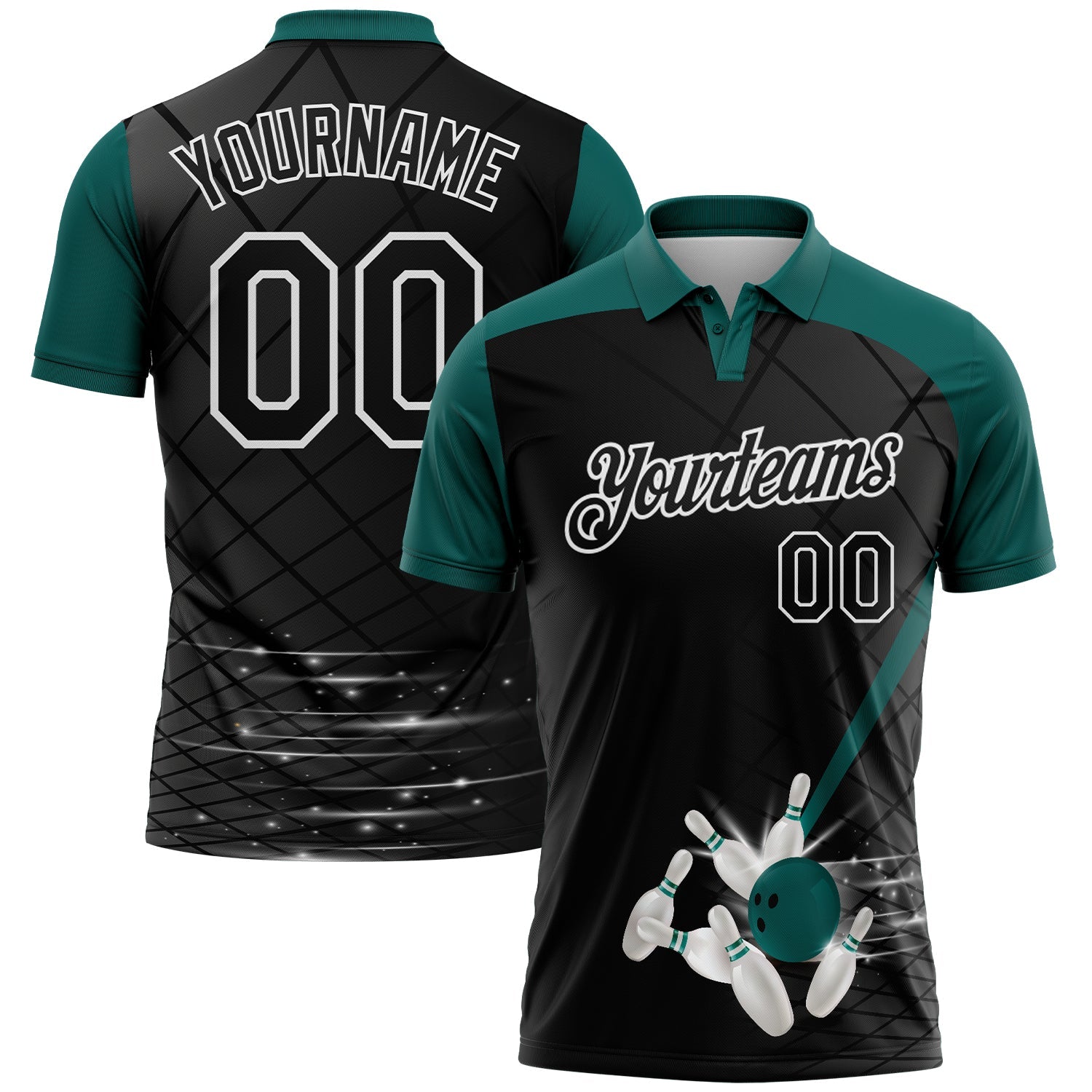 Custom Black Midnight Green-White Bowling Geometric Grid Performance Polo Shirt - Main View