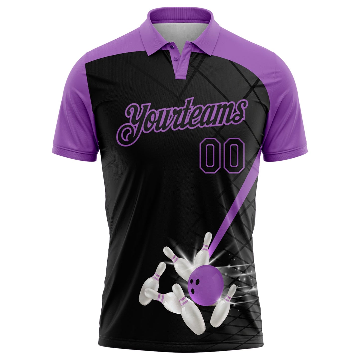 Custom Black-Medium Purple Bowling Geometric Grid Performance Polo Shirt view 2