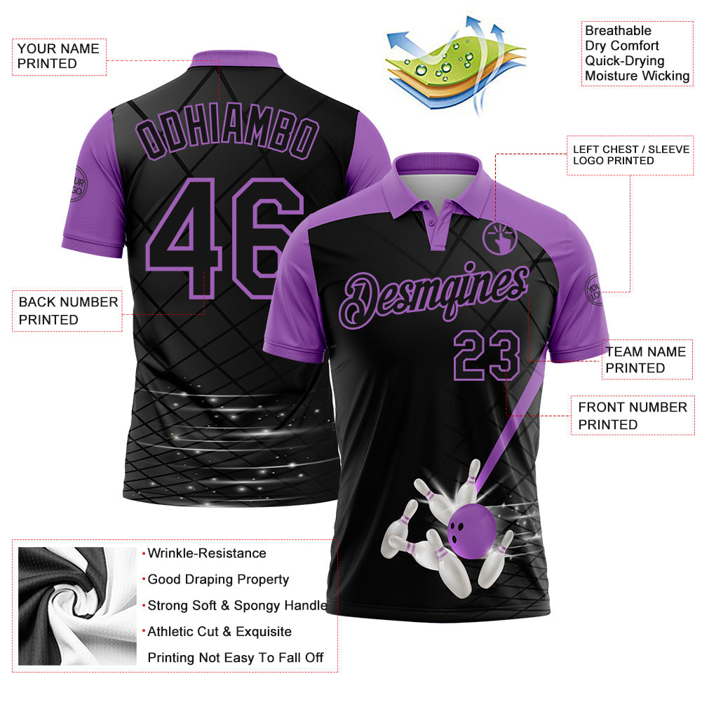 Custom Black-Medium Purple Bowling Geometric Grid Performance Polo Shirt view 3