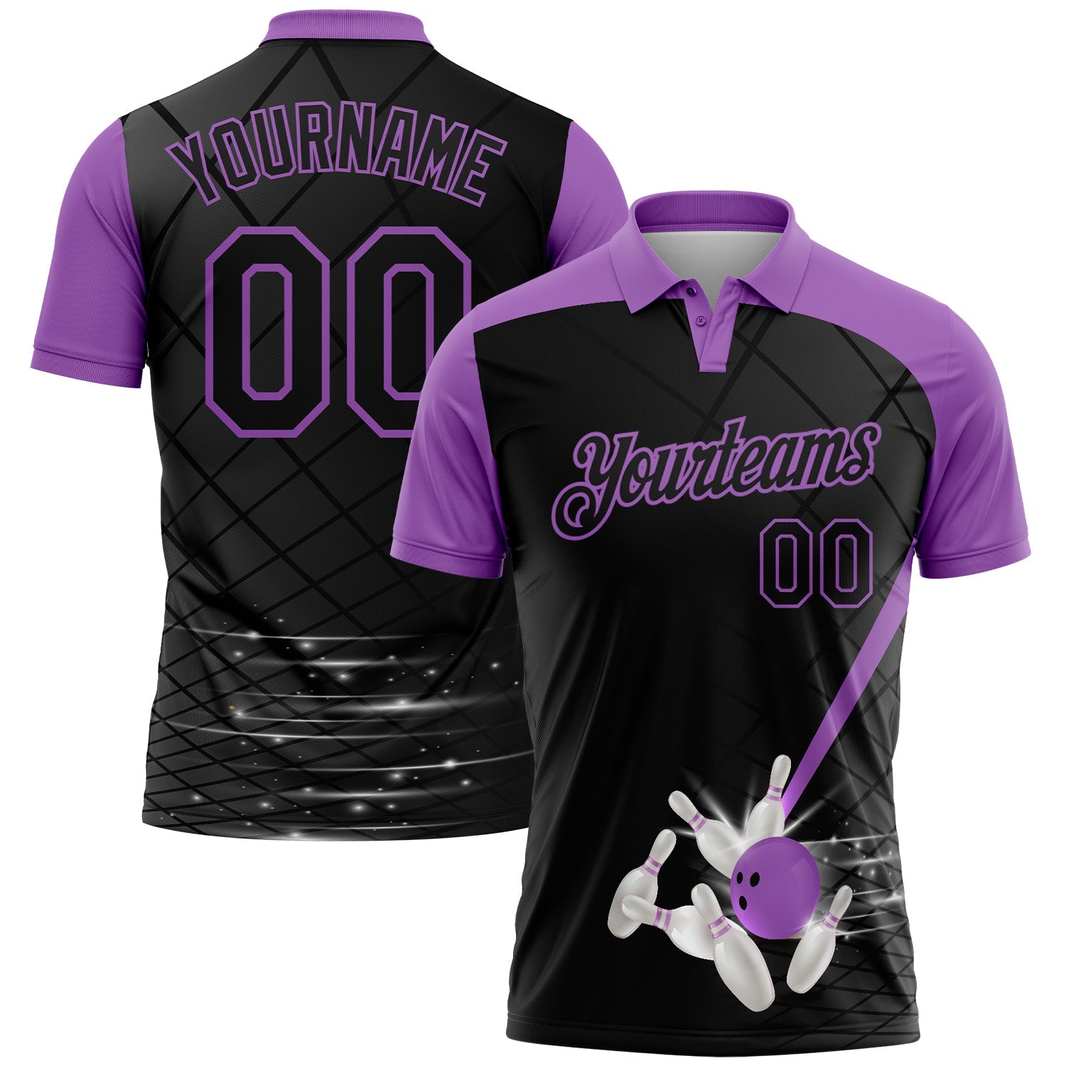 Custom Black-Medium Purple Bowling Geometric Grid Performance Polo Shirt - Main View